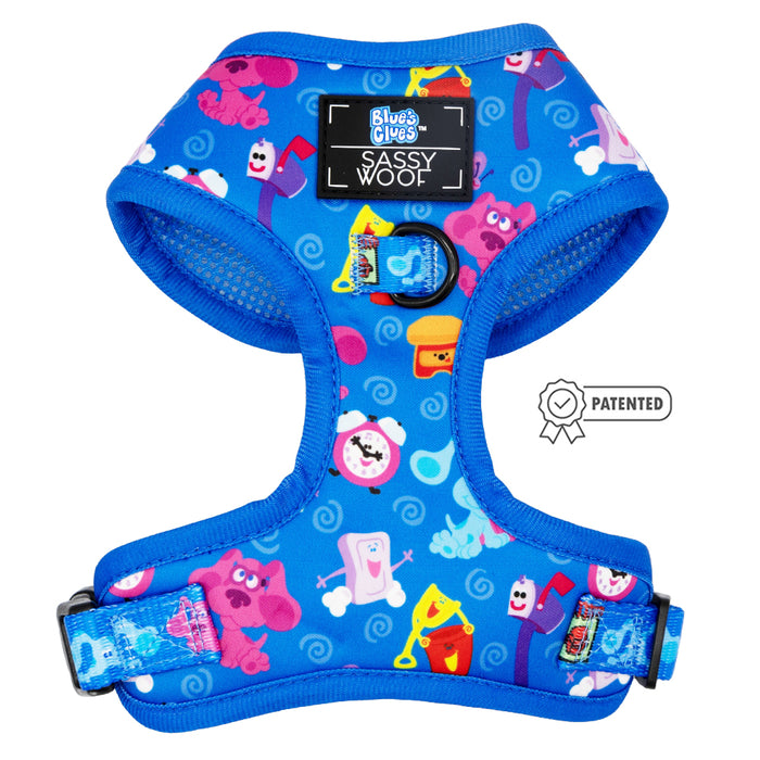 The Sassy Woof Dog Adjustable Harness - Blue's Clues™ adds playful style and comfort to your pup’s walks with its vibrant blue design and fun cartoon characters.