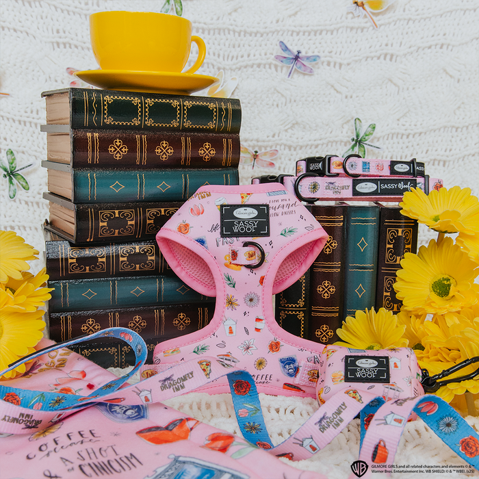 A Dog Adjustable Harness - Gilmore Girls™ by Sassy Woof and a yellow cup from the Stars Hollow Gilmore Girls Collection are next to books.