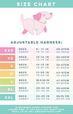 Size chart for Sassy Woof’s Dog Adjustable Harness - Peanuts™ Road Tripping with pink dog illustration. Lists neck/chest (in, cm) for XXS–XXL. Includes Puppy Growth Pawtection Plan. Contact us with any questions!.