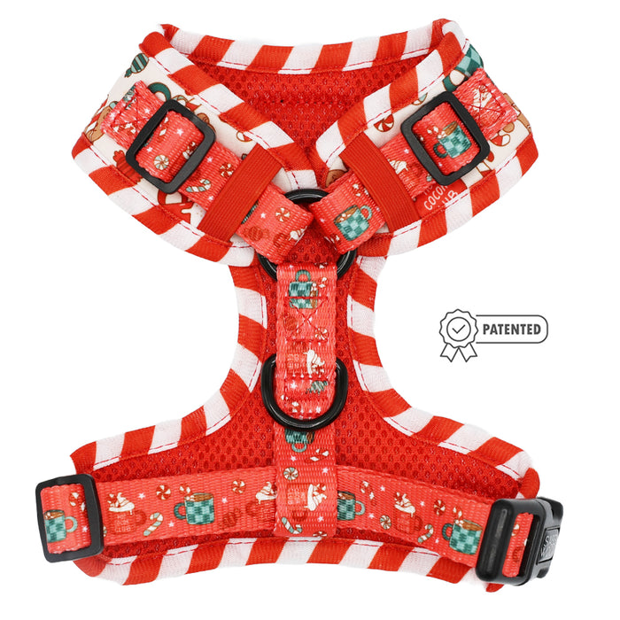 The Sassy Woof Dog Adjustable Harness - Hot Cocoa Club features festive red and white stripes, mugs, gingerbread men, and candy canes, plus adjustable black buckles and a "patented" label graphic on the right.