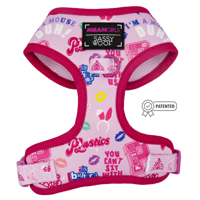 The Sassy Woof Dog Adjustable Harness - Mean Girls™ features hot pink trim, "Plastics," "You can't sit with us," and colorful lips—perfect for fashionable pups who love stylish dog accessories.