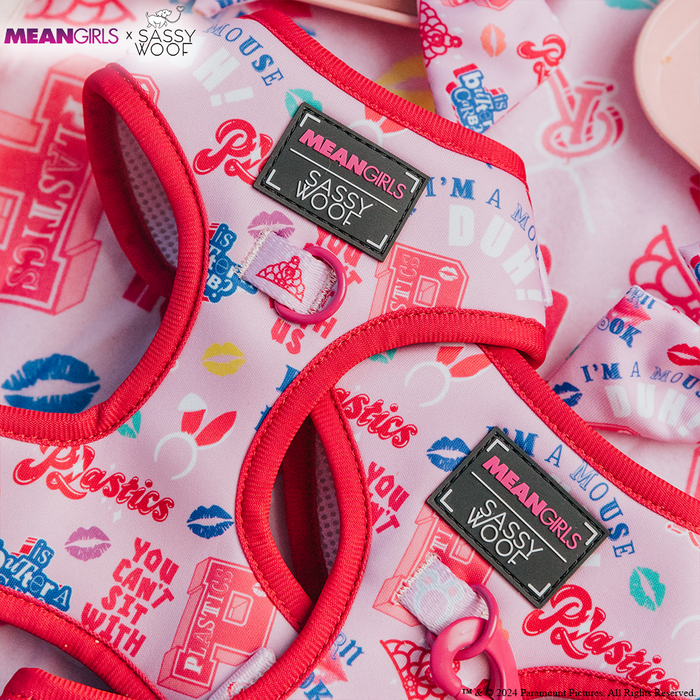 The Sassy Woof Dog Adjustable Harness - Mean Girls™ features pink with red trim, playful graphics, and phrases like “Plastics” and “You can’t sit with us”—a stylish pick for your pup from the Mean Girls x Sassy Woof collection!.