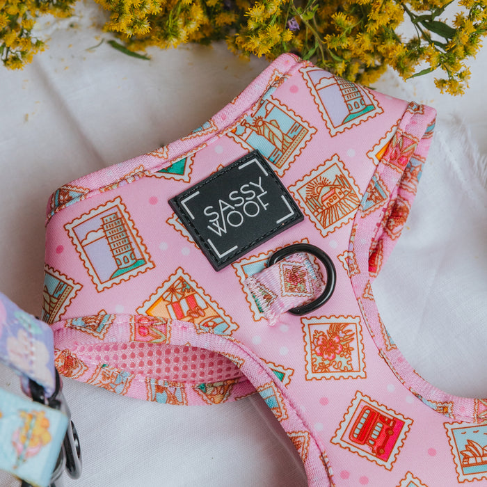 The Sassy Woof Dog Adjustable Harness - Out of Office, featuring colorful postage stamp designs, is displayed on a white surface beside yellow flowers.