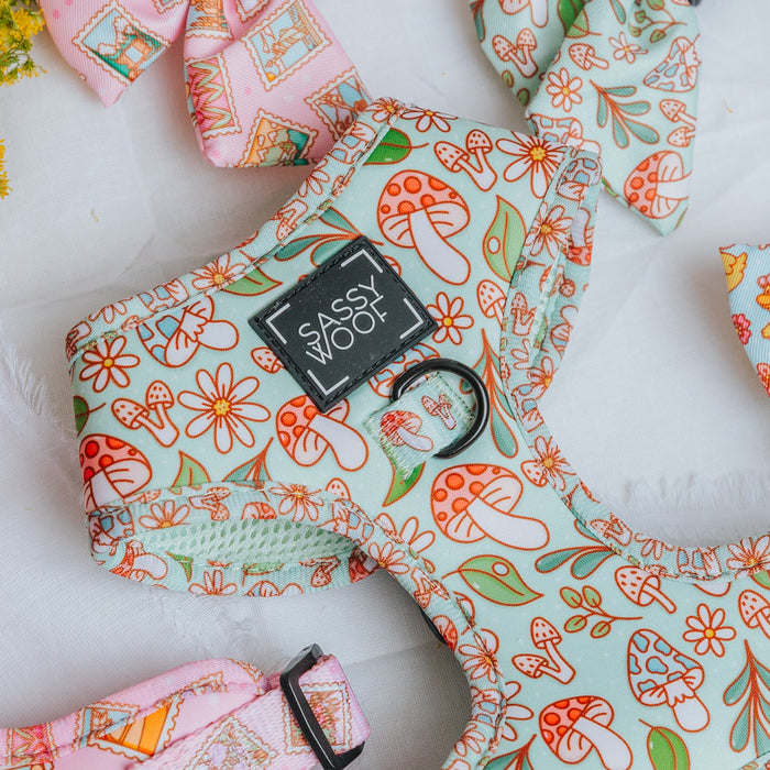 A close-up of the Sassy Woof Dog Adjustable Harness - Shrooms & Blooms shows its vibrant mushroom and flower pattern, black brand label, and metal ring. Pink and orange accessories are nearby on a white surface.