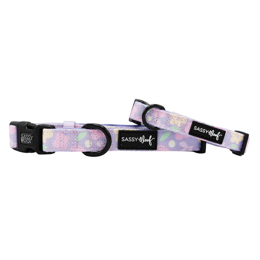 Two Sassy Woof "Fleur de Sass" pastel purple adjustable dog collars, each with abstract patterns, black buckles, sturdy metal rings, and a branded label for comfort and style.