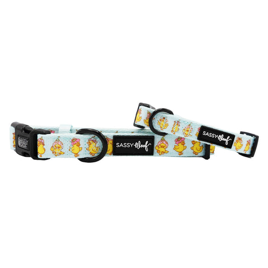 Two adjustable Sassy Woof "Dog Collar - Good Duck, Babe!" collars feature a light blue background with cartoon ducks, black plastic buckles, and the Sassy Woof label—perfect for every puppy's growth!.