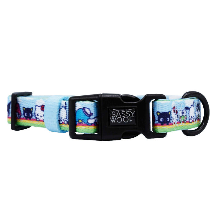 The Sassy Woof Dog Collar - Hello Kitty® & Friends In the Sky features a light blue background with cartoon cats, dogs, and rainbow stripes plus an adjustable fit and plastic buckle—ideal for any Sanrio dog collar collection.