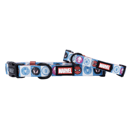 Two Sassy Woof Dog Collar - Marvel’s Spider-Man, featuring superhero icons and a bold Marvel logo on white and blue—must-have pet accessories for Marvel fans.