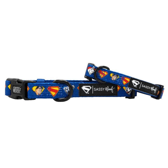 The Sassy Woof Dog Collar - Superman™ & Krypto™ features blue adjustable webbing, black hardware, Superman logos, Krypto cartoon faces, and a signature brand tag—perfect for your superdog!.