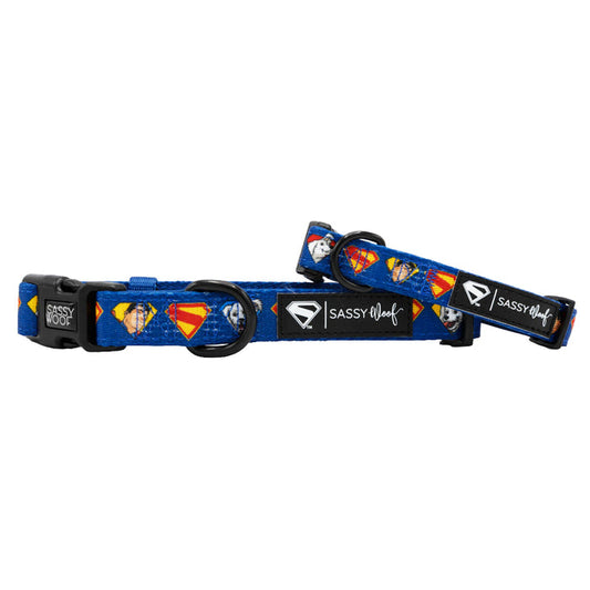 The Sassy Woof Dog Collar - Superman™ & Krypto™ features blue adjustable webbing, black hardware, Superman logos, Krypto cartoon faces, and a signature brand tag—perfect for your superdog!.