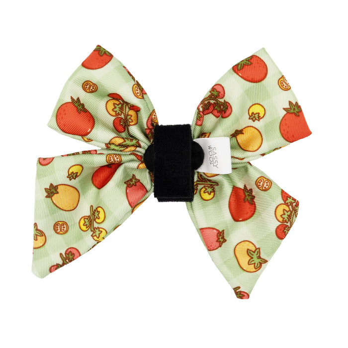 The Sassy Woof Dog Sailor Bow - Feeling Vine is a light green, plant-inspired fabric bow with colorful tomatoes, a black Velcro strap, and a white Sassy Woof tag—ideal to pair with an adjustable harness or matching leash.