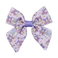 A lavender Dog Sailor Bow - Kuromi™ from Sassy Woof, adorned with cute animal characters and tiny star and flower motifs, plus a solid purple center knot—perfect to pair with any stylish dog collar.