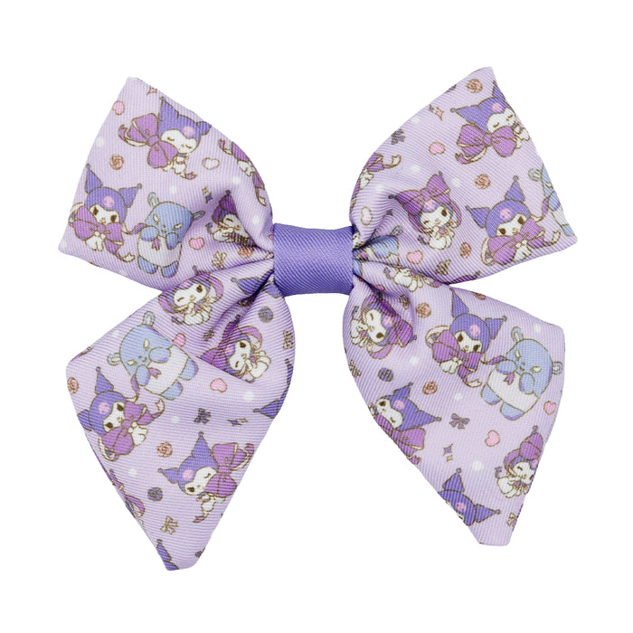 A lavender Dog Sailor Bow - Kuromi™ from Sassy Woof, adorned with cute animal characters and tiny star and flower motifs, plus a solid purple center knot—perfect to pair with any stylish dog collar.