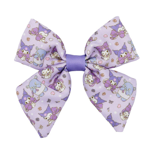 A lavender Dog Sailor Bow - Kuromi™ from Sassy Woof, adorned with cute animal characters and tiny star and flower motifs, plus a solid purple center knot—perfect to pair with any stylish dog collar.