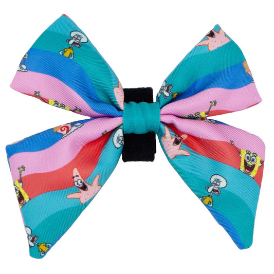The Dog Sailor Bow - SpongeBob SquarePants™ and Friends by Sassy Woof features pink, blue, and red stripes with SpongeBob, Patrick, and Squidward for a fun Bikini Bottom look—perfect to pair with other SpongeBob pet accessories.