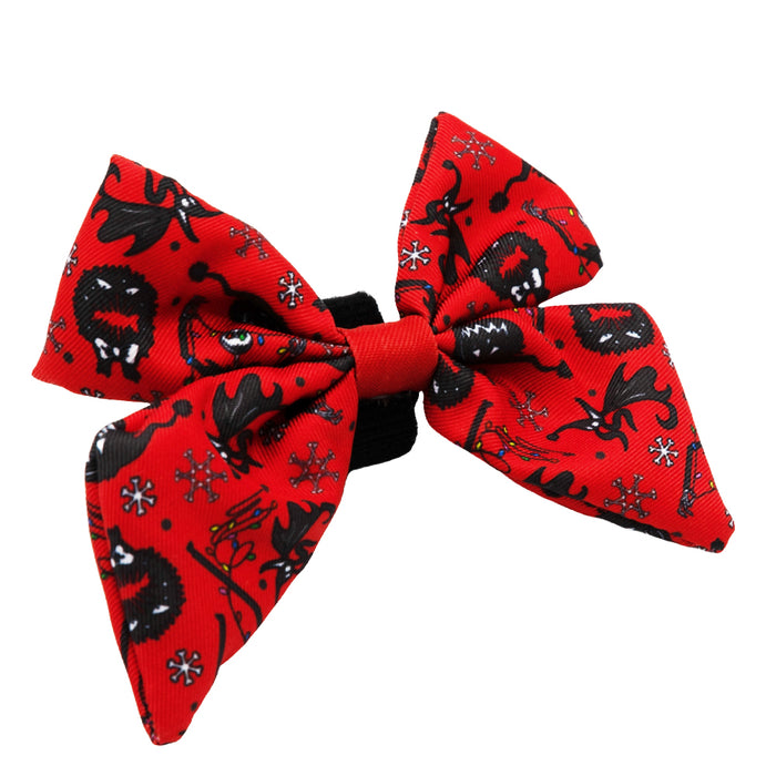 The Sassy Woof Dog Sailor Bow - The Nightmare Before Christmas™ (Red) features black cartoon cat faces, red fish skeletons, and white snowflakes—perfect for Pumpkin King fans!.