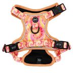 The Sassy Woof Dog Step-in Harness - Summer Sorbet features a pink, yellow, and orange tie-dye pattern, black inner padding, adjustable and reflective straps, black plastic buckles, and visible Sassy Woof branding on multiple labels.