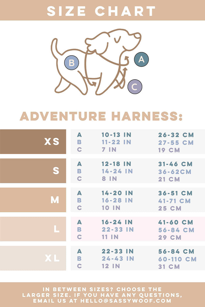 Size chart for Sassy Woof's Dog Two Piece Bundle - Tropical Tides: labeled harness diagram (A: neck, B: chest, C: strap), XS–XL sizes with inch/cm measurements. Pair with other tropical accessories! Contact details below.