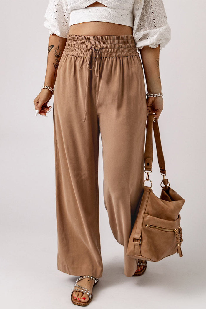 Brown Drawstring Elastic Waist Casual Wide Leg Trousers - Bottoms/Trousers