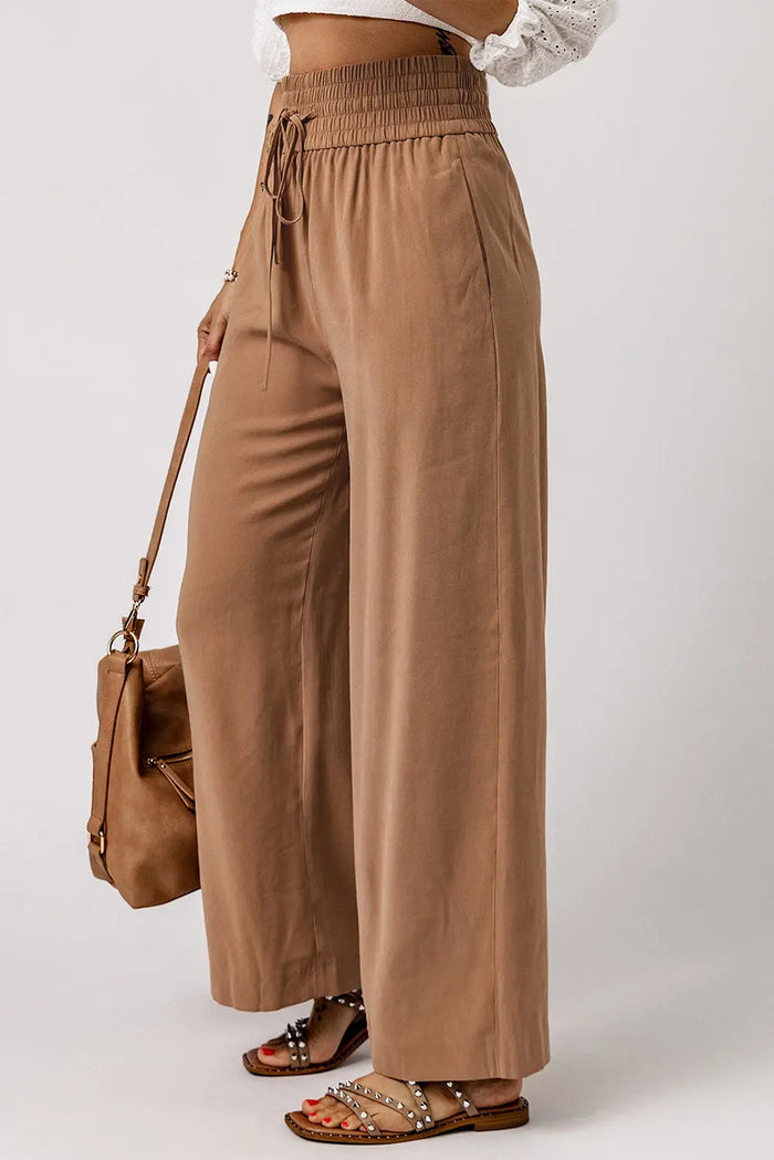 Brown Drawstring Elastic Waist Casual Wide Leg Trousers - Bottoms/Trousers
