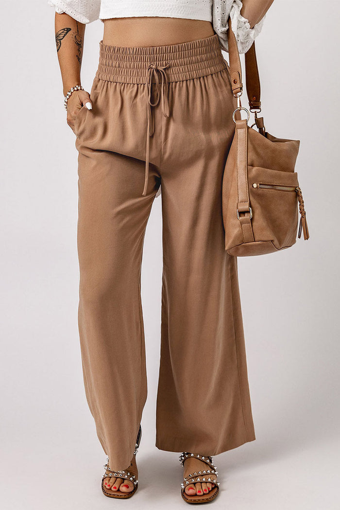 Brown Drawstring Elastic Waist Casual Wide Leg Trousers - Bottoms/Trousers