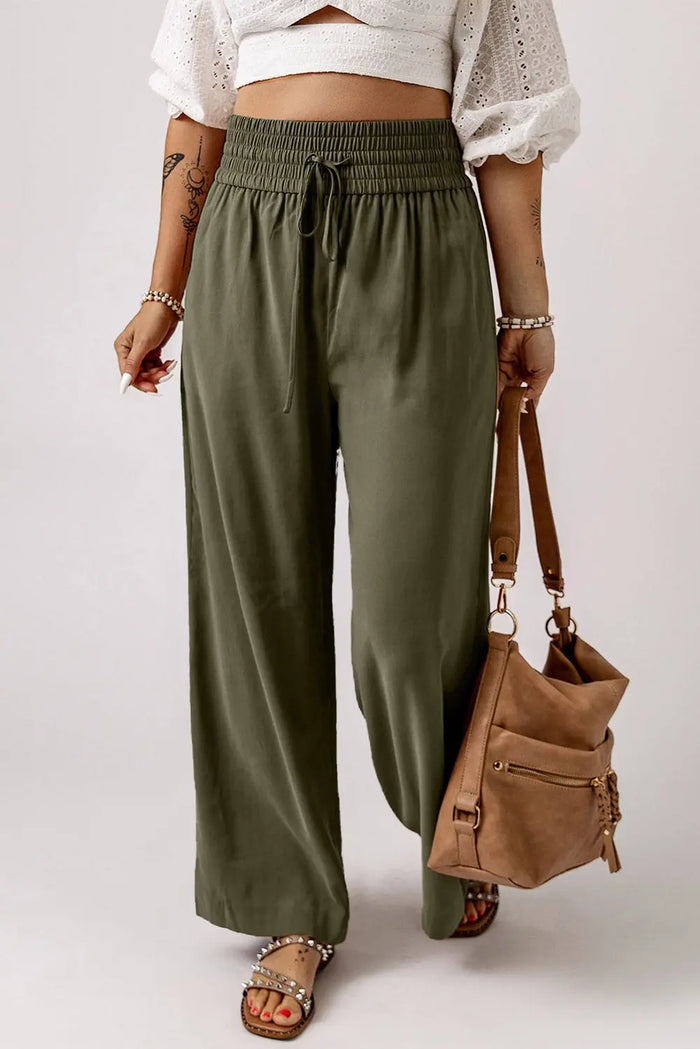 Brown Drawstring Elastic Waist Casual Wide Leg Trousers - Bottoms/Trousers