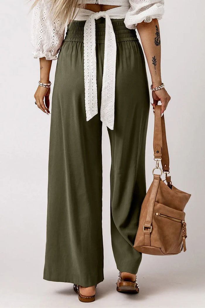 Brown Drawstring Elastic Waist Casual Wide Leg Trousers - Bottoms/Trousers
