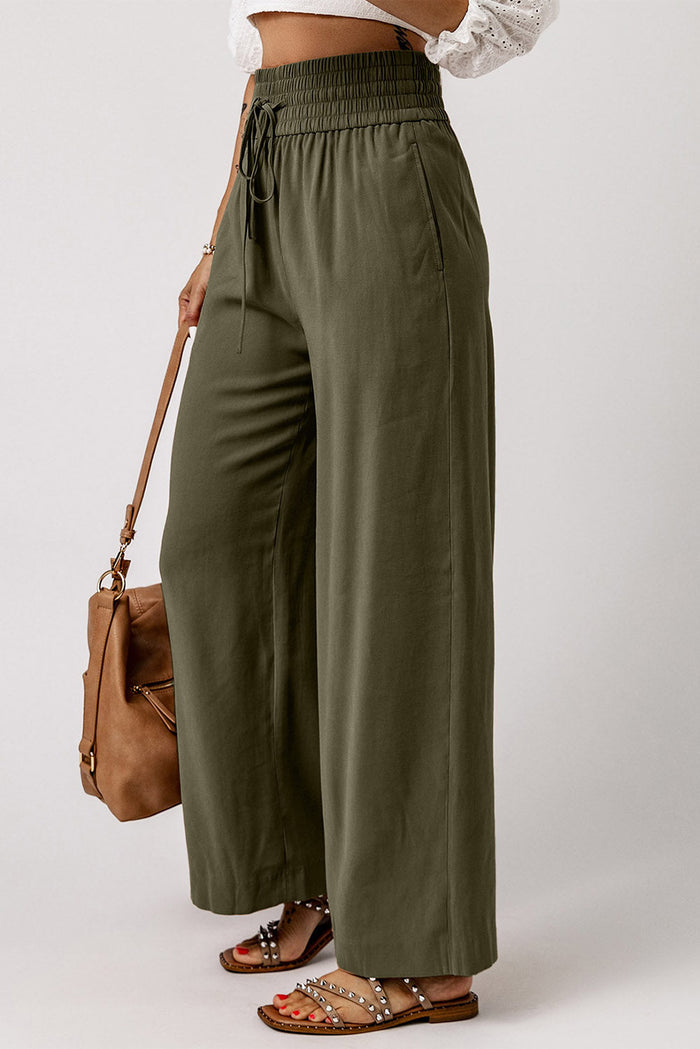 Brown Drawstring Elastic Waist Casual Wide Leg Trousers - Bottoms/Trousers