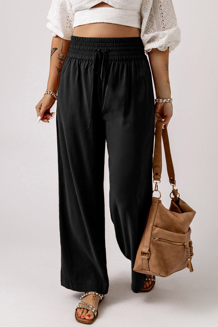 Brown Drawstring Elastic Waist Casual Wide Leg Trousers - BLACK / S / 65% VISCOSE + 35% POLYESTER - Bottoms/Trousers