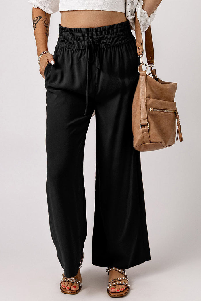 Brown Drawstring Elastic Waist Casual Wide Leg Trousers - Bottoms/Trousers