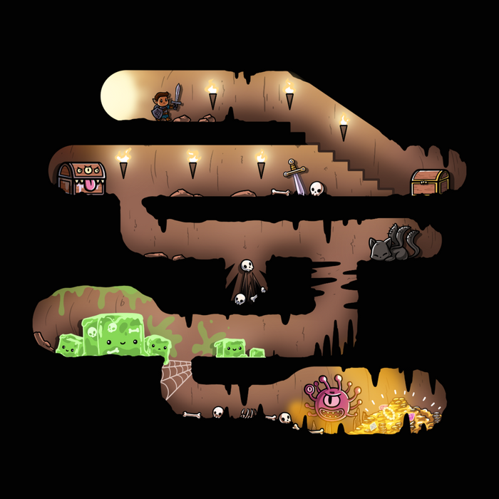 Classic Cotton T-shirt_TeeTurtle black Dungeon Pathway Classic Cotton T-shirt featuring a side-scroller inspired dungeon path with a hero, chest, mimic, gelatinous cube and other threats blocking the path to the treasure at the end