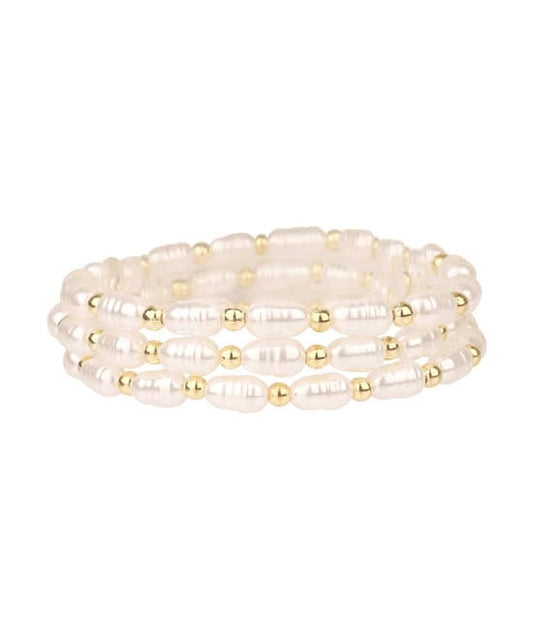 Elegant 3-Row Baroque Pearl Stretch Bracelet with Gold Accents