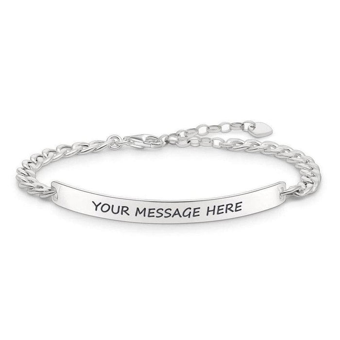 Silver curb chain bracelet with engravable bar; personalize with a message.