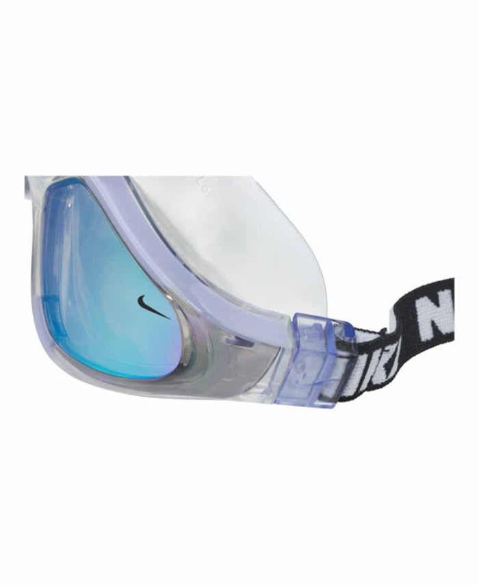 Nike Expanse Mirror Swim Mask goggles in Light Thistle with mirrored lenses and adjustable strap for comfortable fit during swimming.