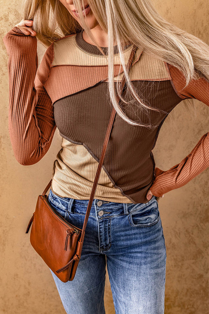 Exposed Seam Colour Block Rib Knit Top - Tops/Long Sleeve Tops