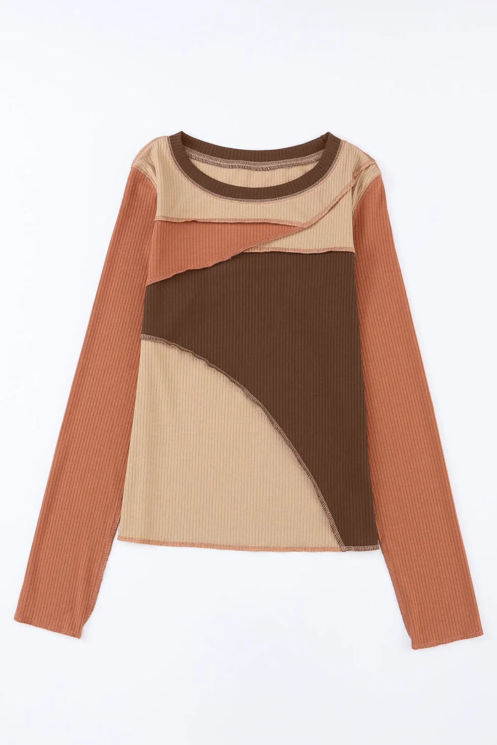 Exposed Seam Colour Block Rib Knit Top - Tops/Long Sleeve Tops