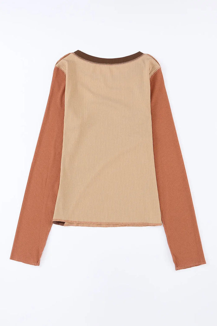 Exposed Seam Colour Block Rib Knit Top - Tops/Long Sleeve Tops