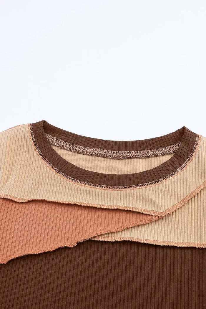Exposed Seam Colour Block Rib Knit Top - Tops/Long Sleeve Tops