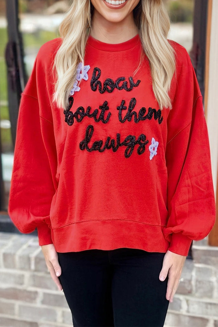 Fiery Red How Bout Them Dawgs Embroidered Script Balloon Sleeve Sweatshirt - S - Tops/Sweatshirts & Hoodies