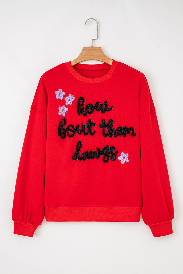 Fiery Red How Bout Them Dawgs Embroidered Script Balloon Sleeve Sweatshirt - Tops/Sweatshirts & Hoodies