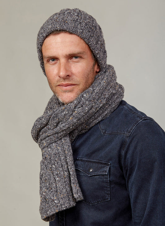 Fisherman 100% Merino Wool Mens Beanie - Grey Flecks