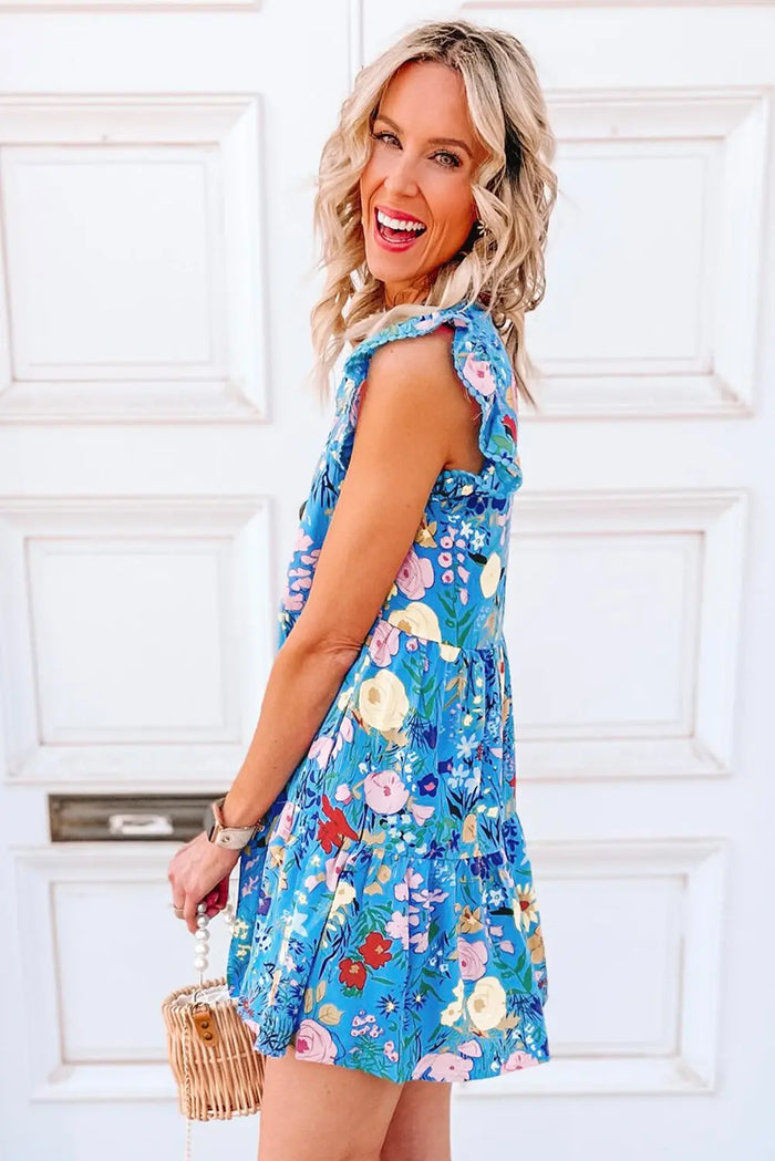 Sky Blue Floral Flutter Sleeve V Neck Ruffled Dress - Dresses/Floral Dresses