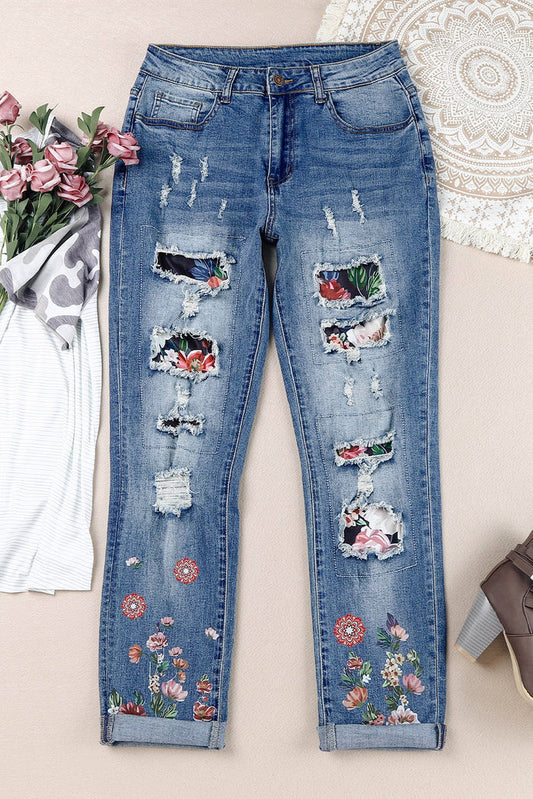 Floral Graphic Patchwork Distressed Jeans - Madikfashions.com