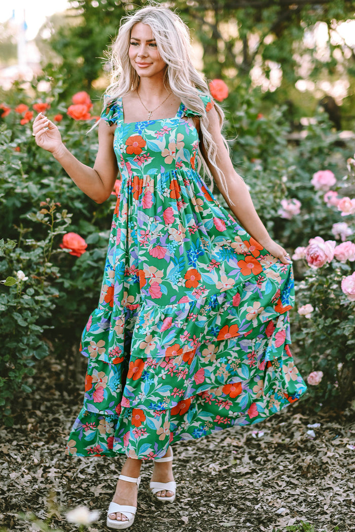 Green Floral Print Sleeveless Ruffle Tiered Maxi Dress - Dresses/Floral Dresses