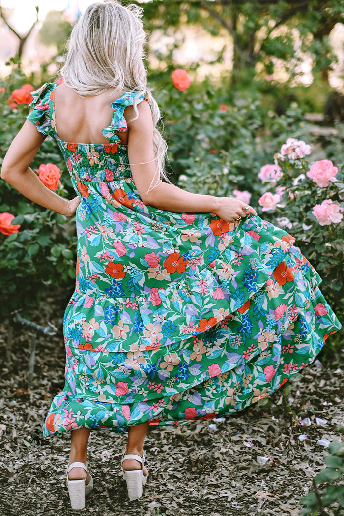 Green Floral Print Sleeveless Ruffle Tiered Maxi Dress - Dresses/Floral Dresses