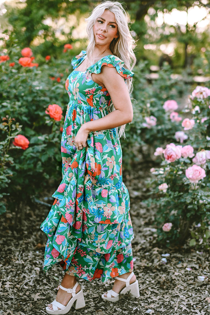 Green Floral Print Sleeveless Ruffle Tiered Maxi Dress - Dresses/Floral Dresses