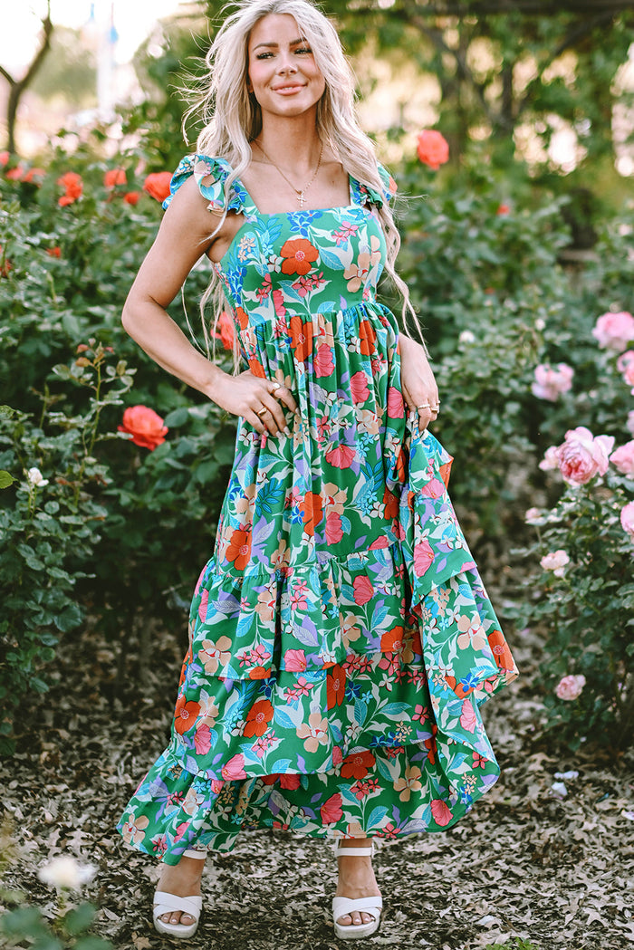 Green Floral Print Sleeveless Ruffle Tiered Maxi Dress - Dresses/Floral Dresses