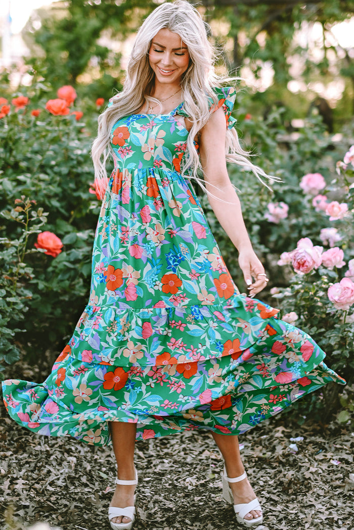 Green Floral Print Sleeveless Ruffle Tiered Maxi Dress - Dresses/Floral Dresses