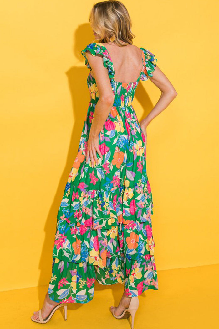 Green Floral Print Sleeveless Ruffle Tiered Maxi Dress - Dresses/Floral Dresses