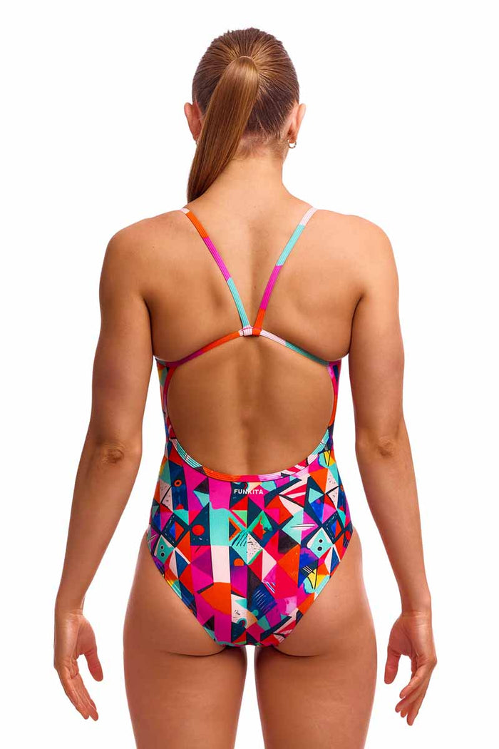 Funkita Ladies Art Dropout single strap one-piece swimsuit in multi-color with bold artistic pattern, designed for swimming and water activities.